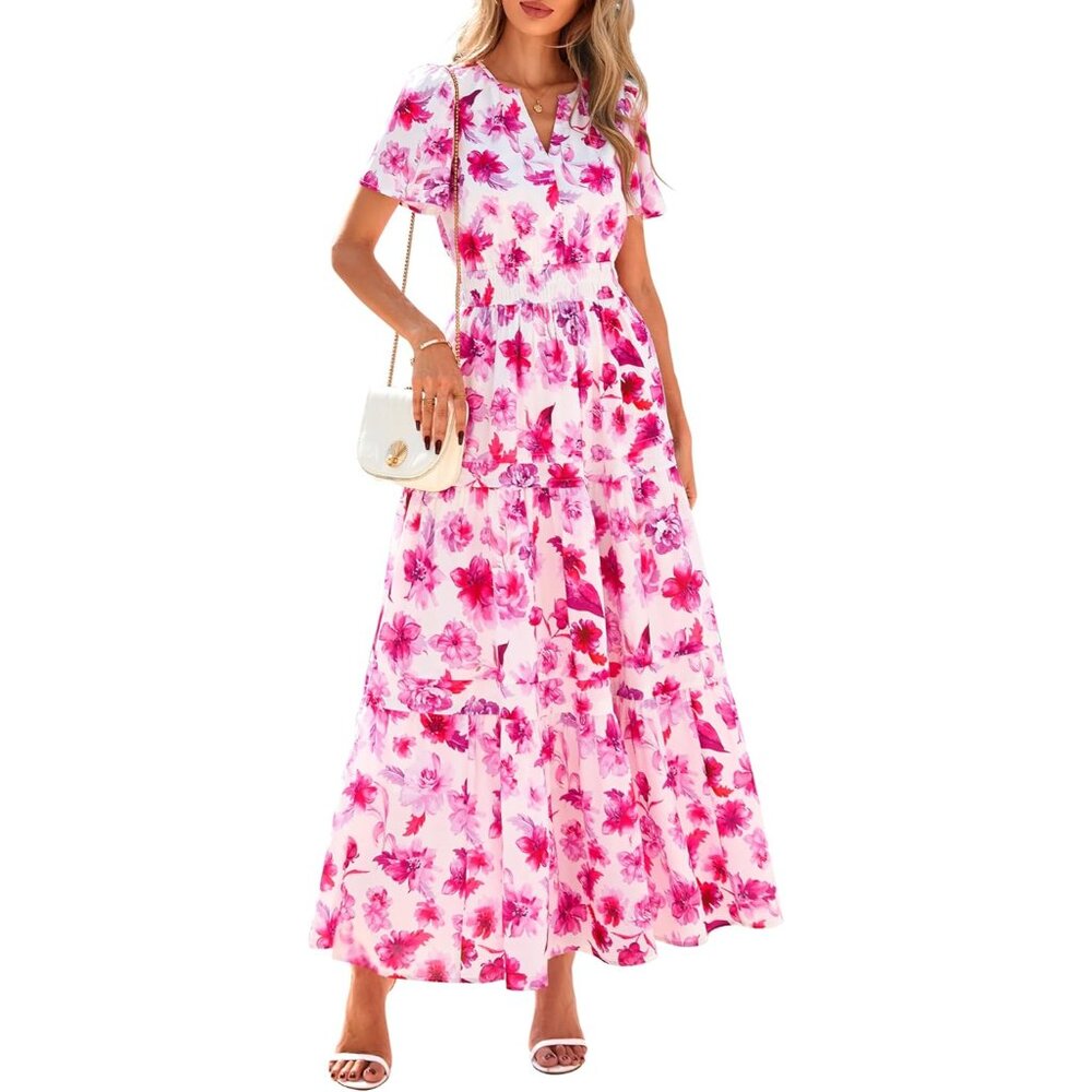 Women's Boho Maxi Dress Floral Short Sleeve V Neck Tiered Flowing Beach Vacation